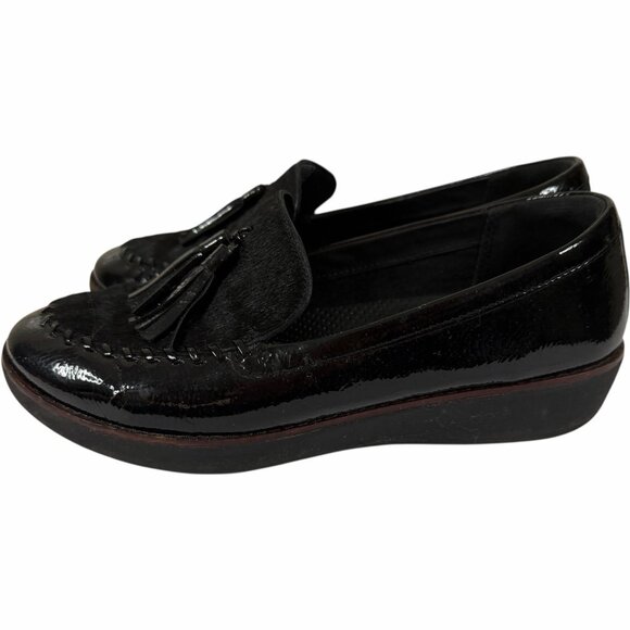 Fitflop Loafers 7 Women Black Patent Leather Calf Hair Tassel Patrina Paige - Picture 5 of 11
